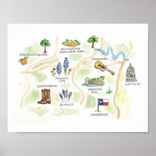 Austin Texas Backe Land Watercolor Karta Poster