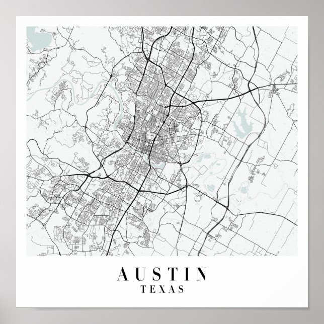 Austin Texas Blue Vatten Street Karta Poster (Framsidan)