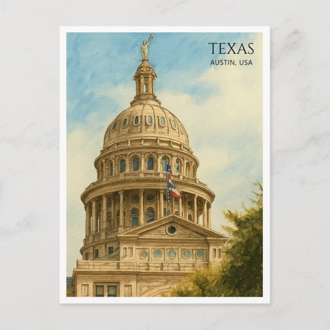 Austin Texas Capitol Dome Akvarell vykort (Framsida)
