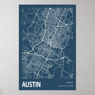 Austin Texas City Karta Line Art Blue Skriv ut Poster