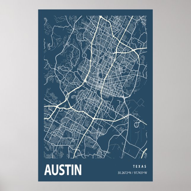 Austin Texas City Karta Line Art Blue Skriv ut Poster (Framsidan)