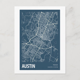 Austin Texas City Karta Line Art Blue Skriv ut Vykort