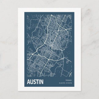 Austin Texas City Karta Line Art Blue Skriv ut Vykort