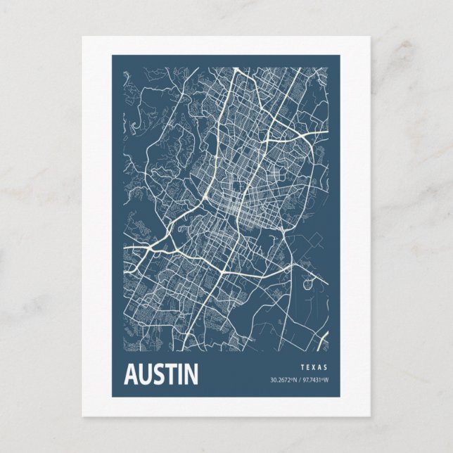 Austin Texas City Karta Line Art Blue Skriv ut Vykort (Framsida)