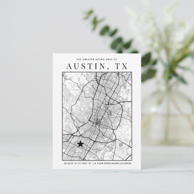 Austin, Texas City Karta + Location Marker Vykort (Stående Fram)