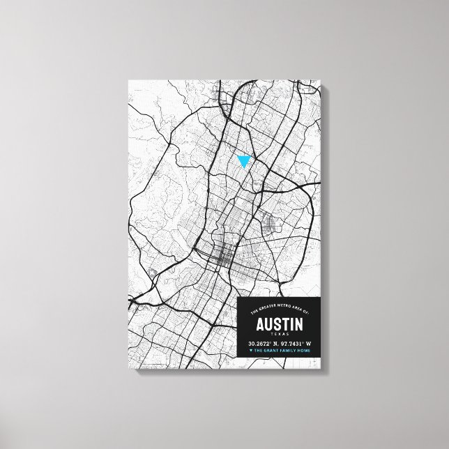 Austin, Texas City Karta + markera din plats Canvastryck (Framsida)