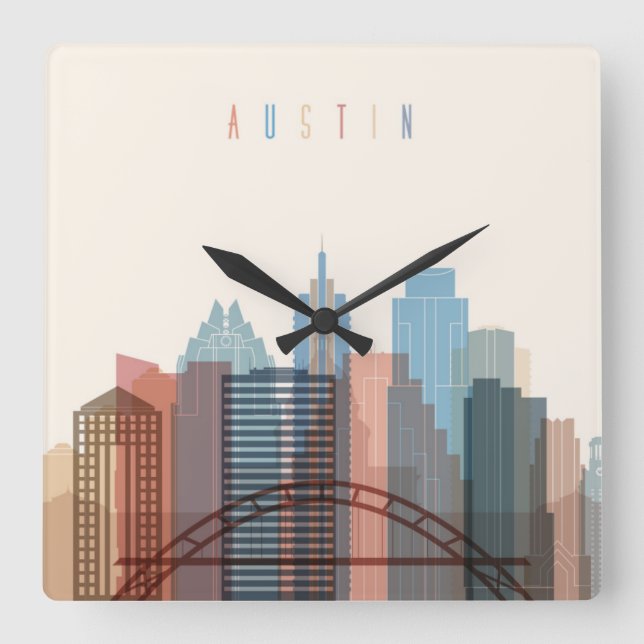Austin, Texas| City Skyline Fyrkantig Klocka (Framsida)