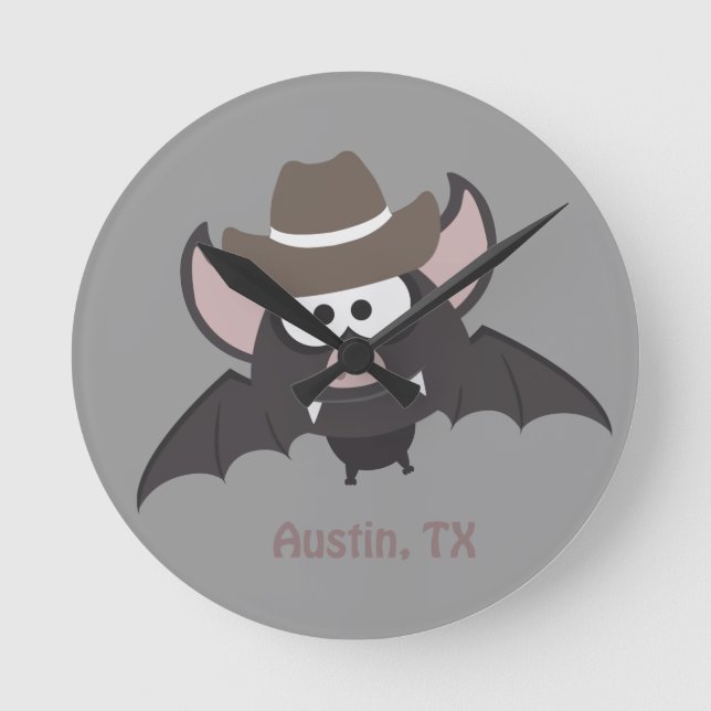 Austin Texas Cute Tecknad Cowboy Fladdermus Rund Klocka (Framsida)