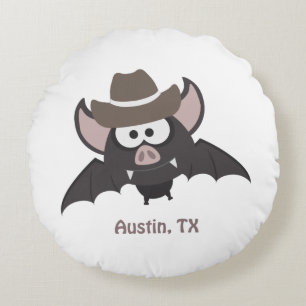 Austin Texas Cute Tecknad Cowboy Fladdermus Rund Kudde