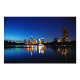 Austin Texas Downtown Night Skyline Ladybird Sjö Fototryck