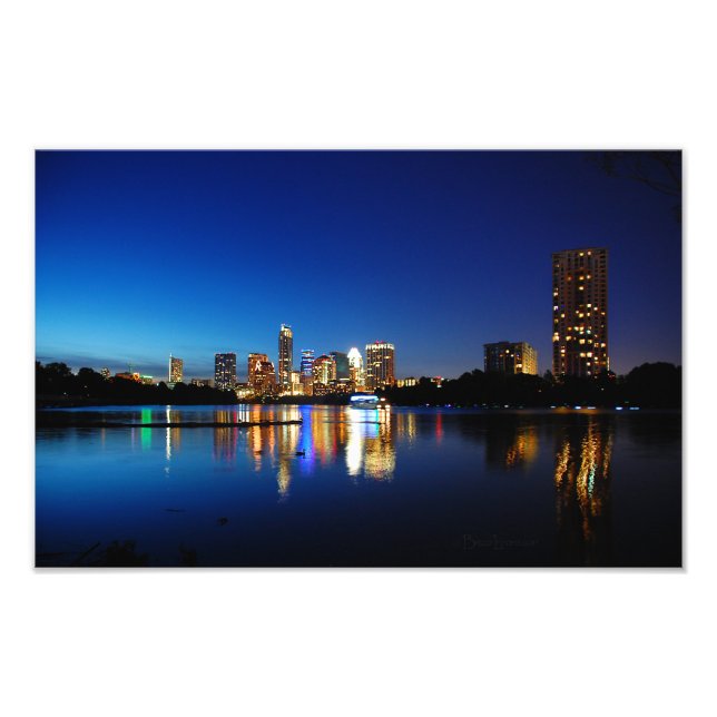 Austin Texas Downtown Night Skyline Ladybird Sjö Fototryck (Framsidan)