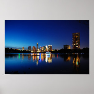 Austin Texas Downtown Night Skyline Ladybird Sjö Poster