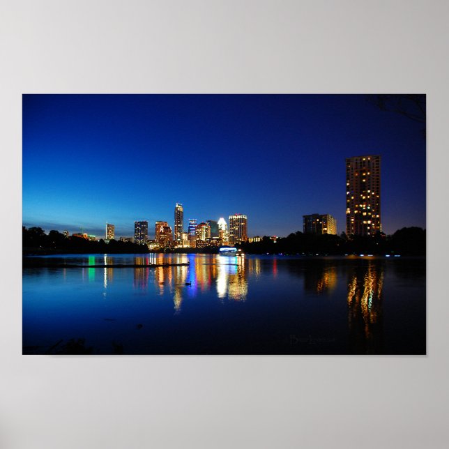 Austin Texas Downtown Night Skyline Ladybird Sjö Poster (Framsidan)