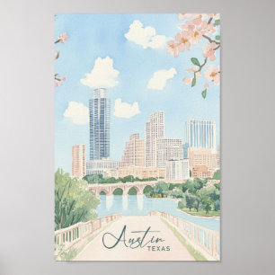 Austin Texas Gouache Paint Illustration Travel Poster