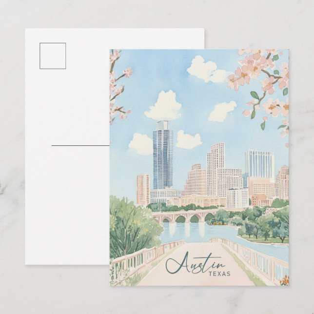 Austin Texas Gouache Paint Illustration Travel Vykort (Fram/baksida)