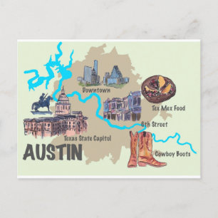 Austin Texas Höjdpunkter Karta Vykort
