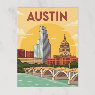 Austin, Texas: Huvudstad City Illustration Vykort