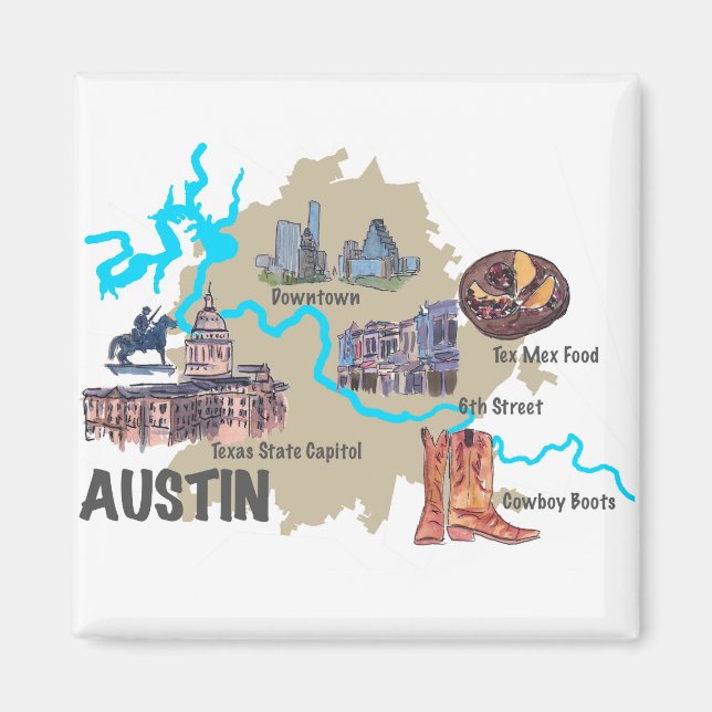 Austin Texas Karta Magnet (Framsidan)