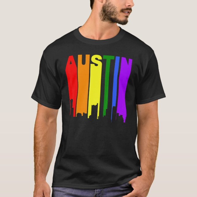 Austin Texas Lgbtq Gay pride Rainbow Skyline T Shirt (Framsida)