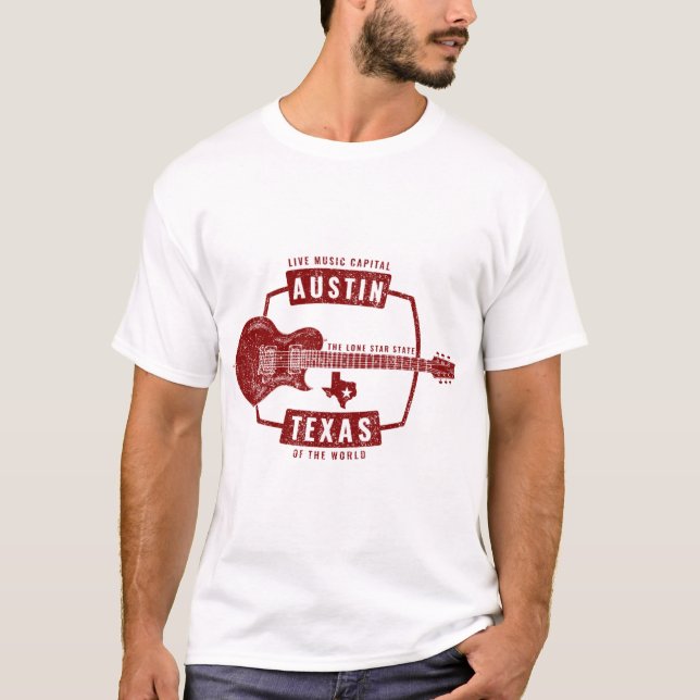 Austin Texas Live Music Guitar T Shirt (Framsida)