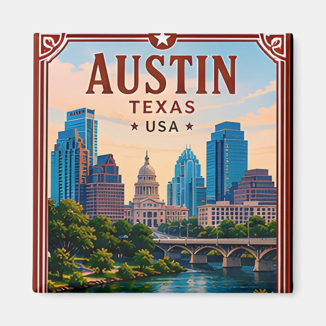 🤠 Austin Texas Minne från Downtown Besök 🤠 Magnet (Framsidan)