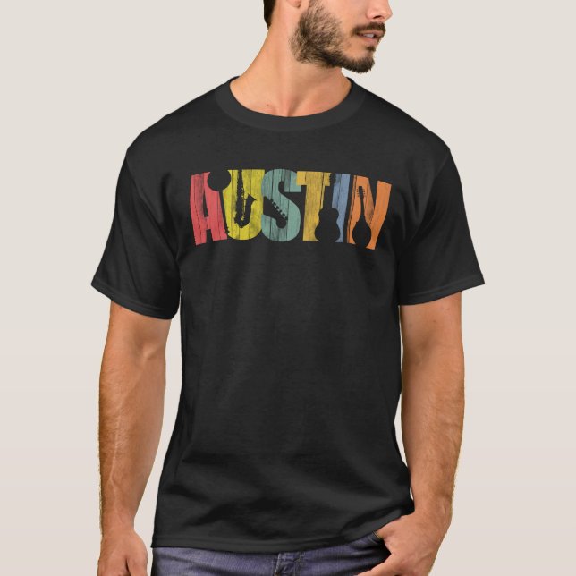 Austin Texas Music Wood Grain Distress T Shirt (Framsida)