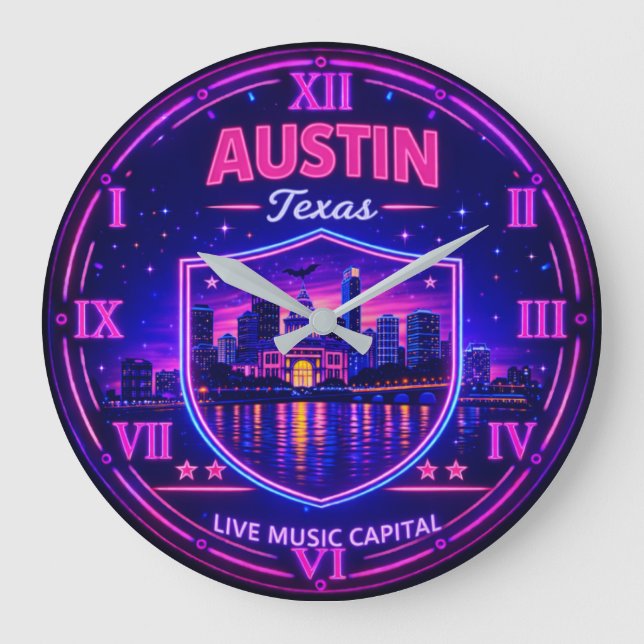 Austin Texas Neon Skyline  Stor Klocka (Framsida)