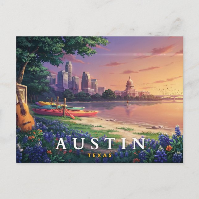 Austin Texas Retro Riverfront Musik Resa  Vykort (Framsida)