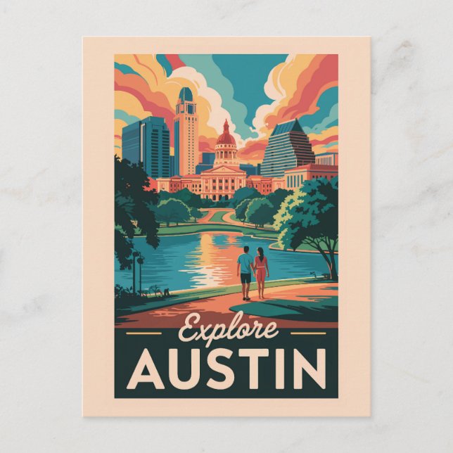 Austin Texas Siluett Resa Konst Vintage Vykort (Framsida)