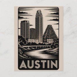 Austin Texas Siluett Svart Vitt Träsnitt Helg Vykort