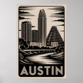 Austin Texas Siluett Svart Vitt Träsnitt Poster