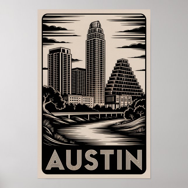 Austin Texas Siluett Svart Vitt Träsnitt Poster (Framsidan)