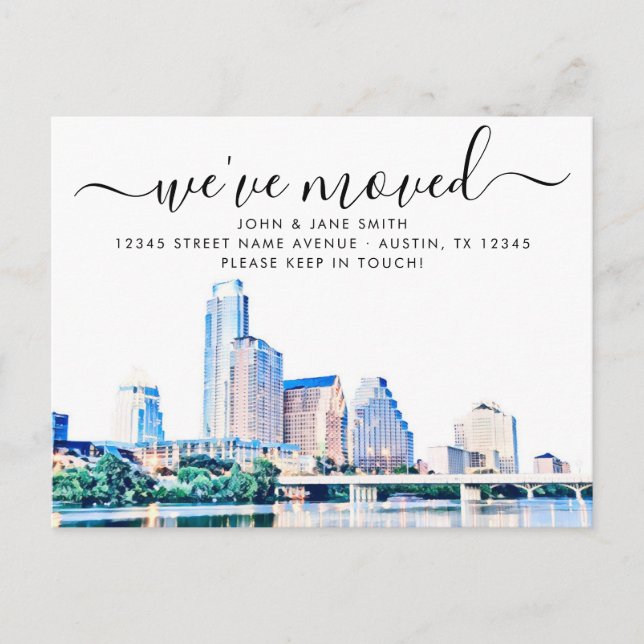 Austin Texas Skyline Flytta Announcement Postcard Meddelande Vykort (Framsida)