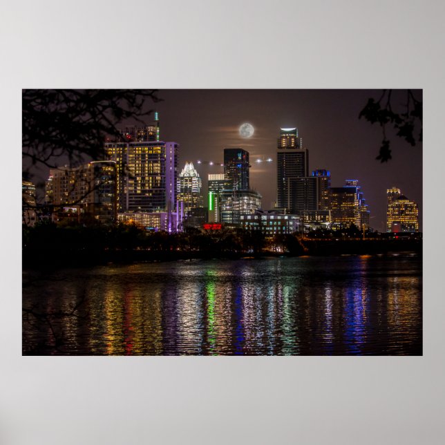 Austin, Texas Skyline Full Moon Poster (Framsidan)