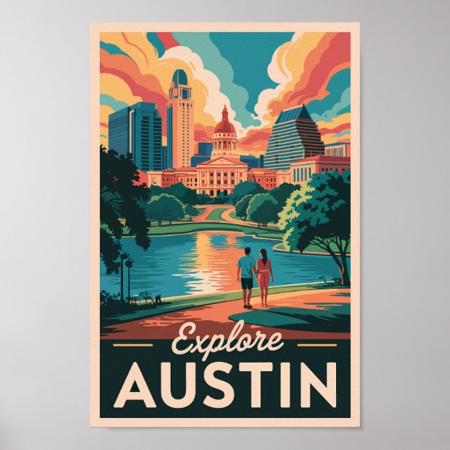 Austin Texas Skyline Travel Art Vintage Poster (Framsidan)