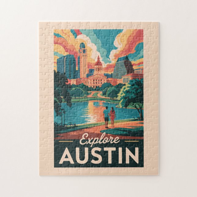 Austin Texas Skyline Travel Art Vintage Pussel (Vertikal)