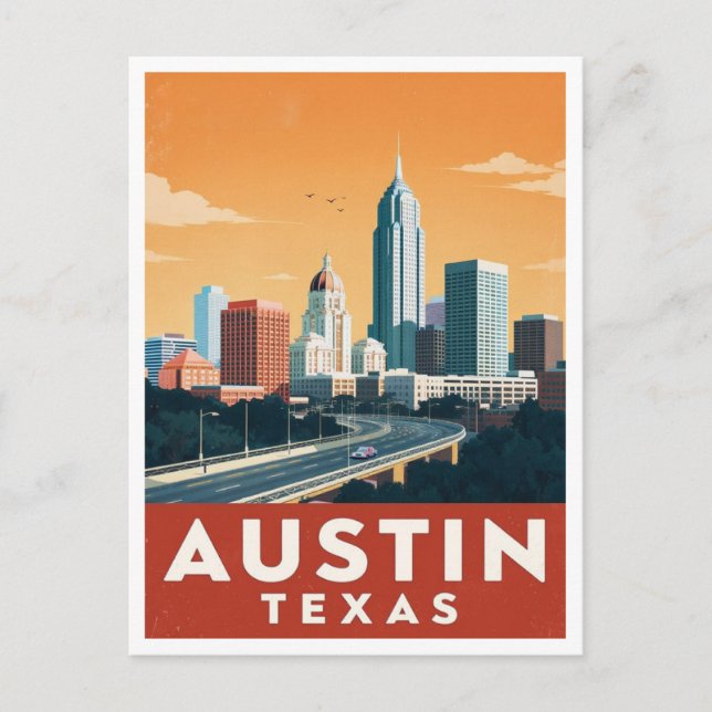 Austin Texas Skyline Vintage Travel Art Vykort (Framsida)