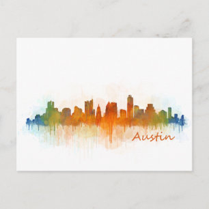 Austin Texas skyline Watercolor v3 Vykort
