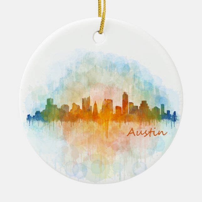 Austin Texas skyline watercolor v4 Julgransprydnad Keramik (Framsidan)