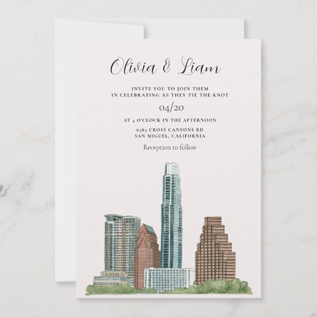 Austin Texas Stadssiluett Bröllop Inbjudningar (Framsida)