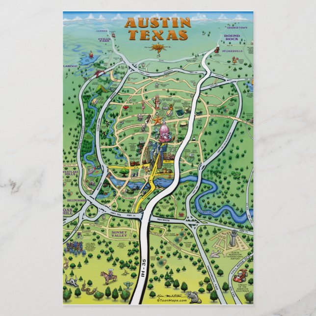 Austin Texas Tecknad Karta Brevpapper (Framsida)