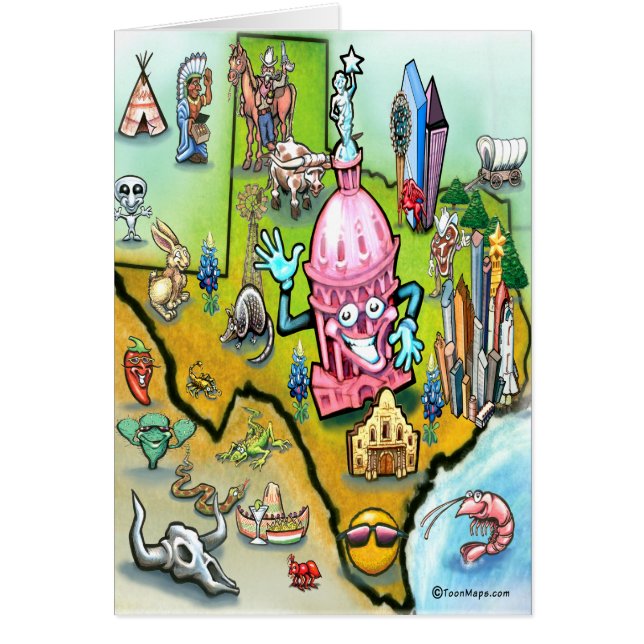 Austin Texas Tecknad Karta Hälsningskort (Framsidan)