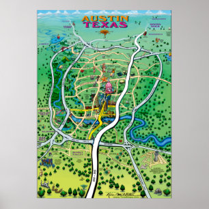 Austin Texas Tecknad Karta Poster