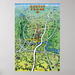 Austin Texas Tecknad Karta Poster