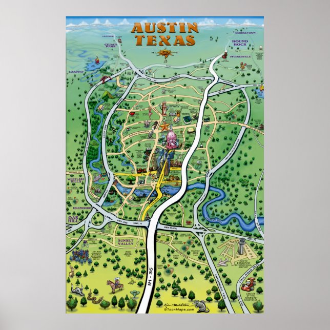 Austin Texas Tecknad Karta Poster (Framsidan)