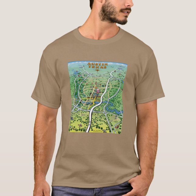 Austin Texas Tecknad Karta Tee Shirt (Framsida)