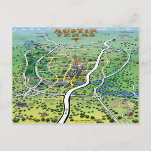 Austin Texas Tecknad Karta Vykort