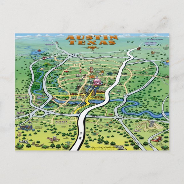 Austin Texas Tecknad Karta Vykort (Framsida)
