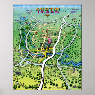 Austin Texas tecknadkarta Poster
