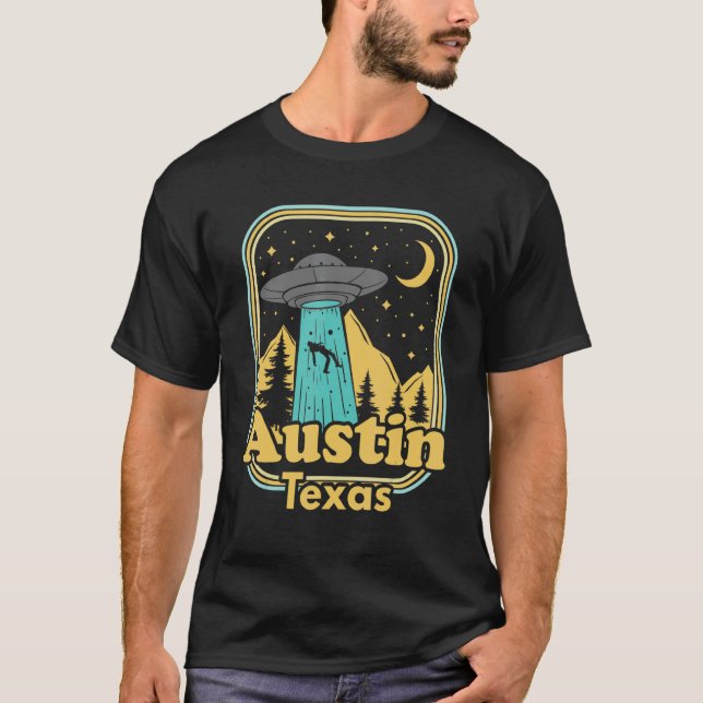 Austin Texas Ufo Alien 80s Retro State Pride T Shirt (Framsida)